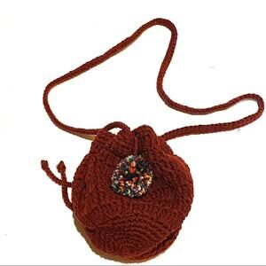 Mudd Retro Crochet Pom Pom Drawstring Maroon Boho Bag Purse